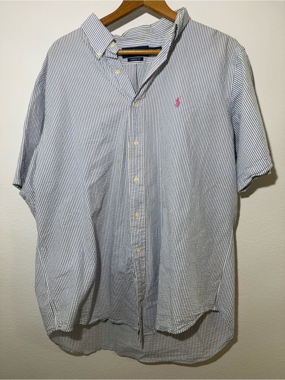 Ralph Lauren White and Light Blue Striped Button-Up Shirt with Pink Pony